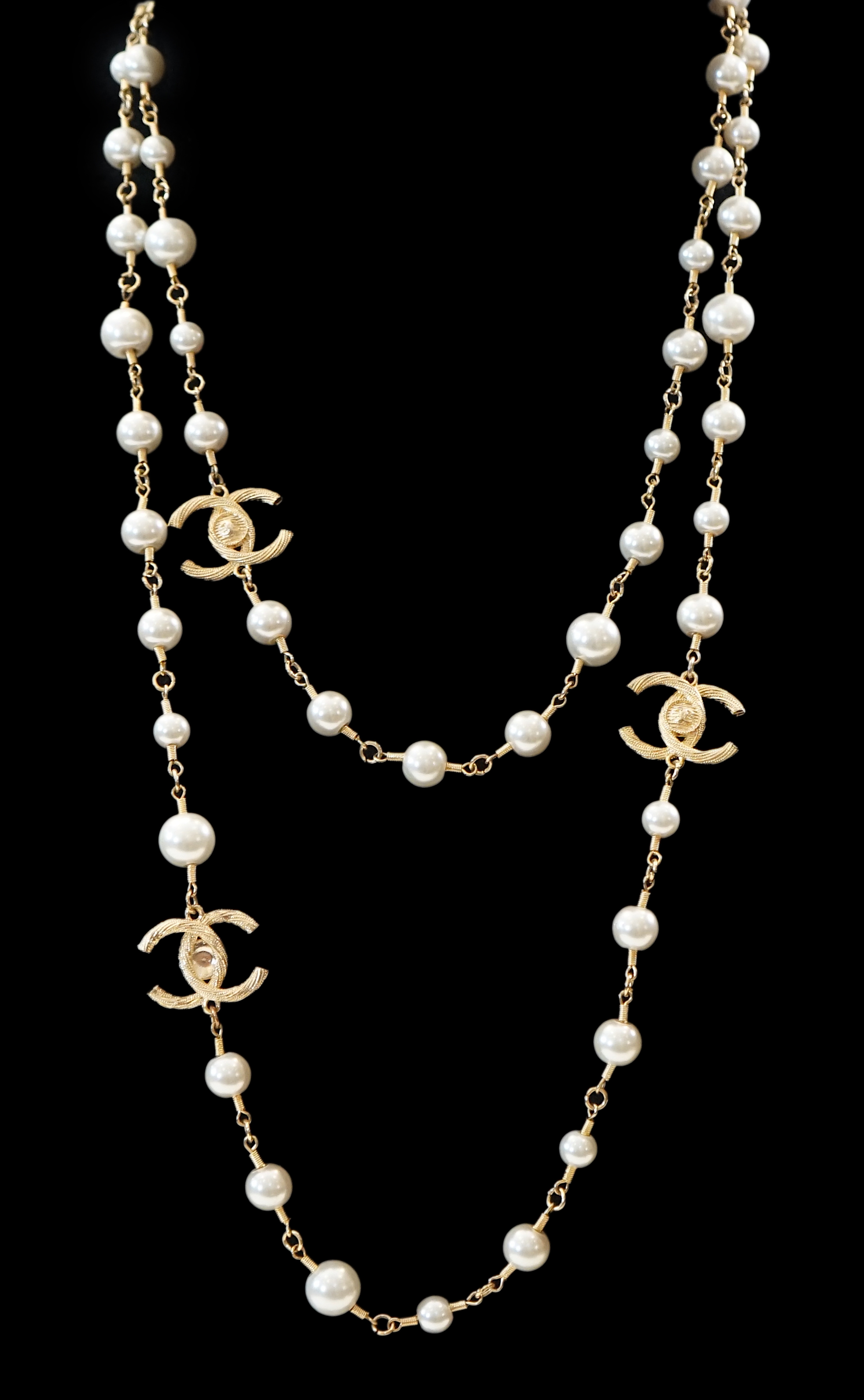 A Chanel gold plated 3 CC scatter pearl long necklace full length 160cm (63')